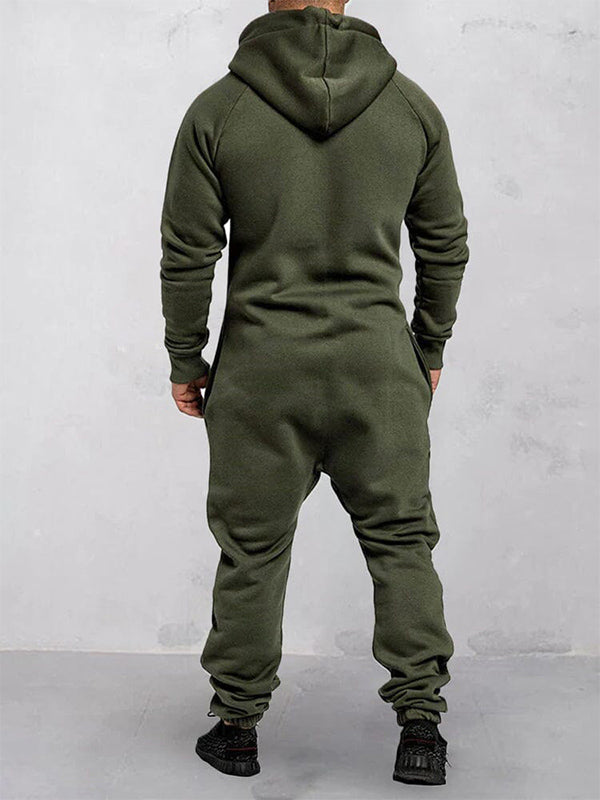 Herren-Jumpsuit aus Fleece mit Kapuze, Reißverschluss und einfarbigem Design