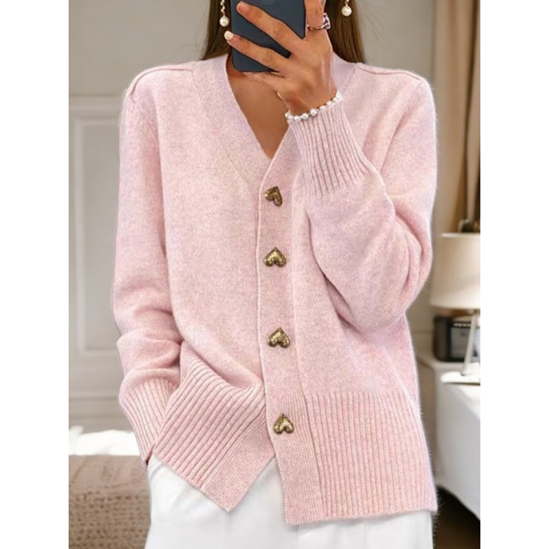 Chic Button-Up Cardigan with Gold Heart Accents Pink