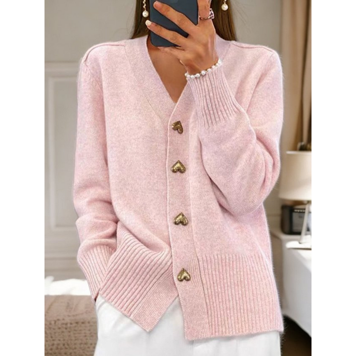 Chic Button-Up Cardigan with Gold Heart Accents-MODAUTLET