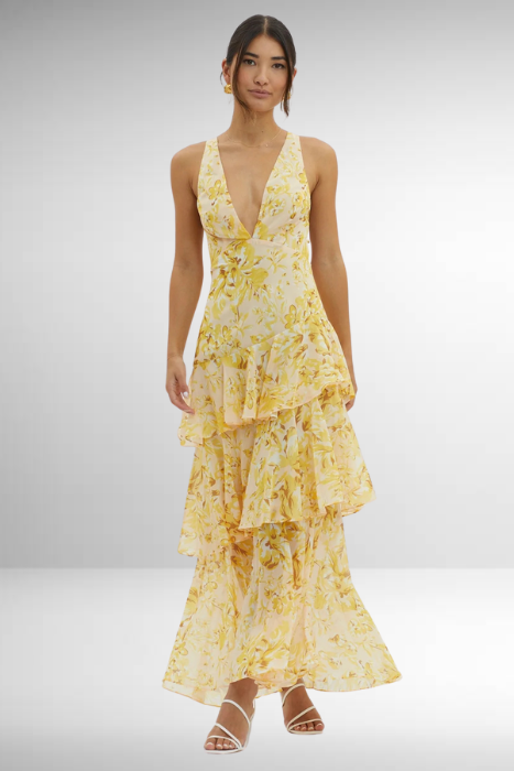 Maria | Kvinders elegant blomster maxi-kjole med lagdelt design