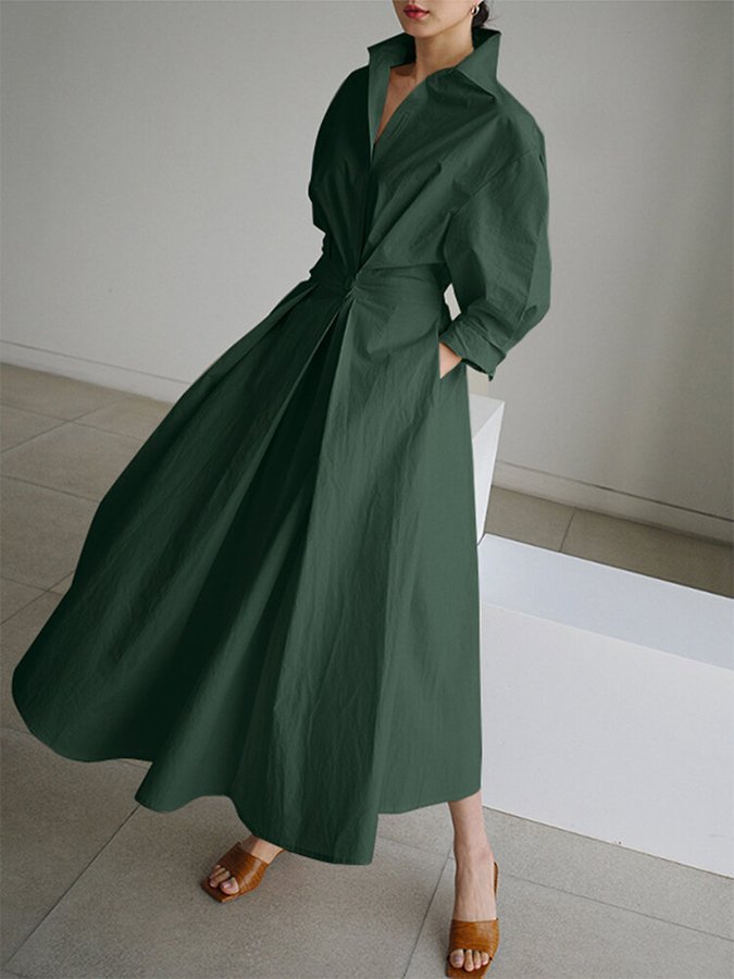 Elegant Women's Belted Shirt Maxi Dress