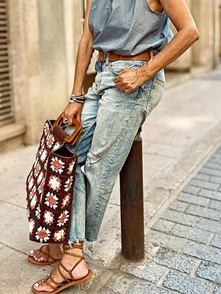 Damen Vintage-Waschung Distressed Gerade geschnittene Denim-Jeans