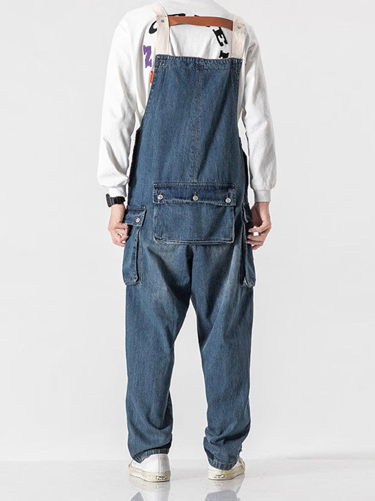 Men's Distressed Denim Multi-Pocket Overalls with Suspenders
