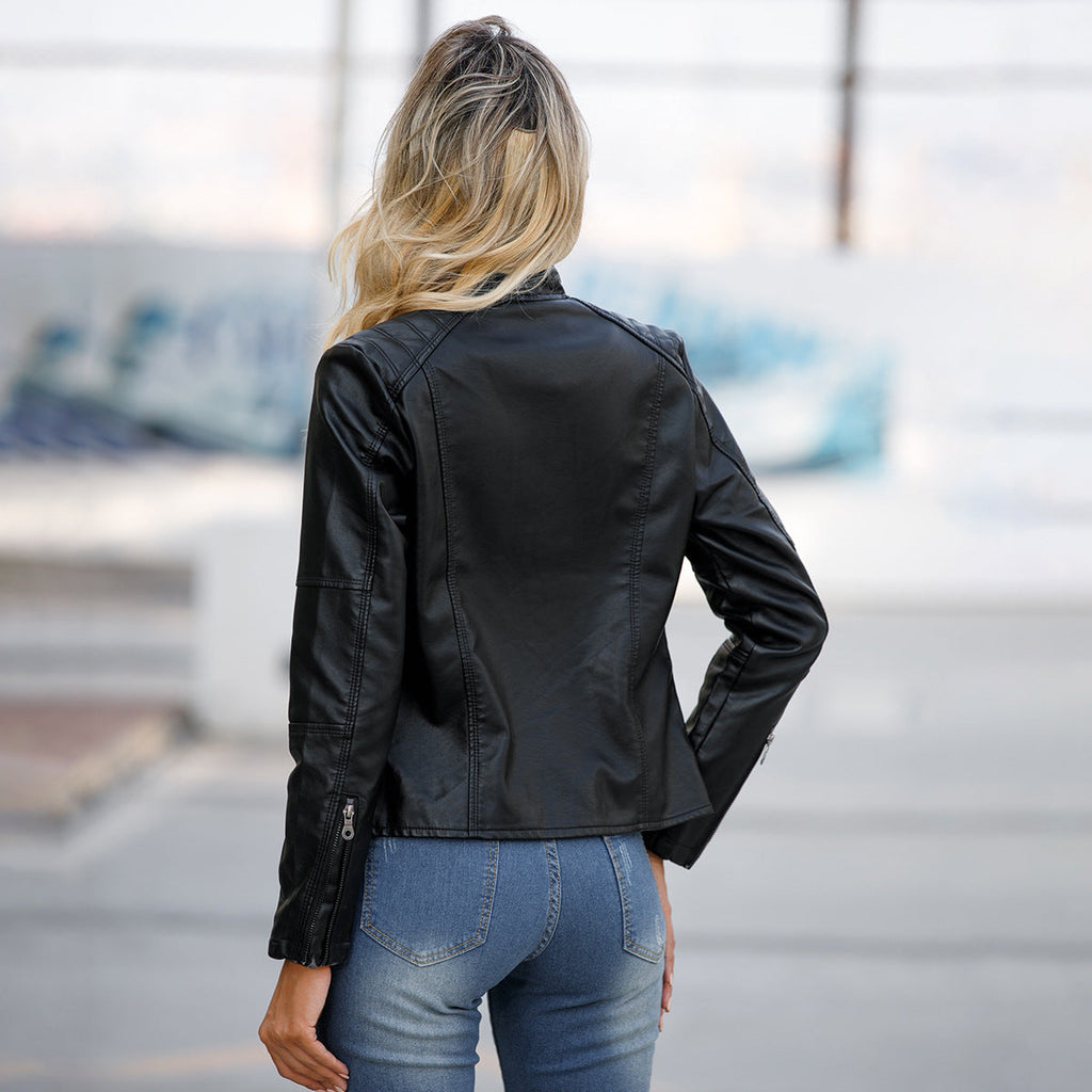 Womens Slim Leather Jacket Lightweight Casual Fashion