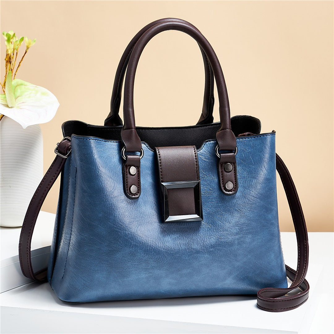 Spacious PU Leather Tote Bag With Large Buckle For Women Blue