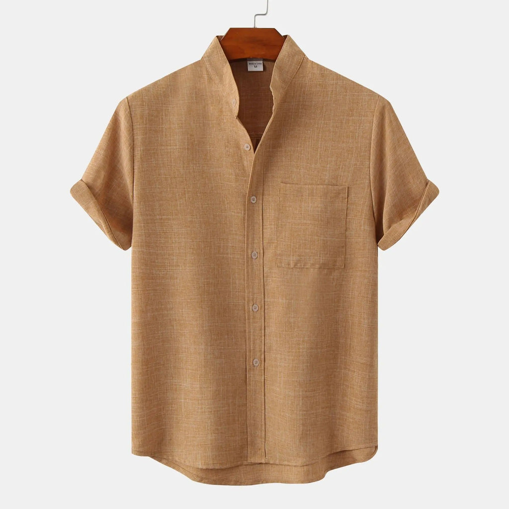 Lightweight Cotton Linen Short Sleeve Shirt Mandarin Collar Brown