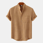 Lightweight Cotton Linen Short Sleeve Shirt Mandarin Collar Brown