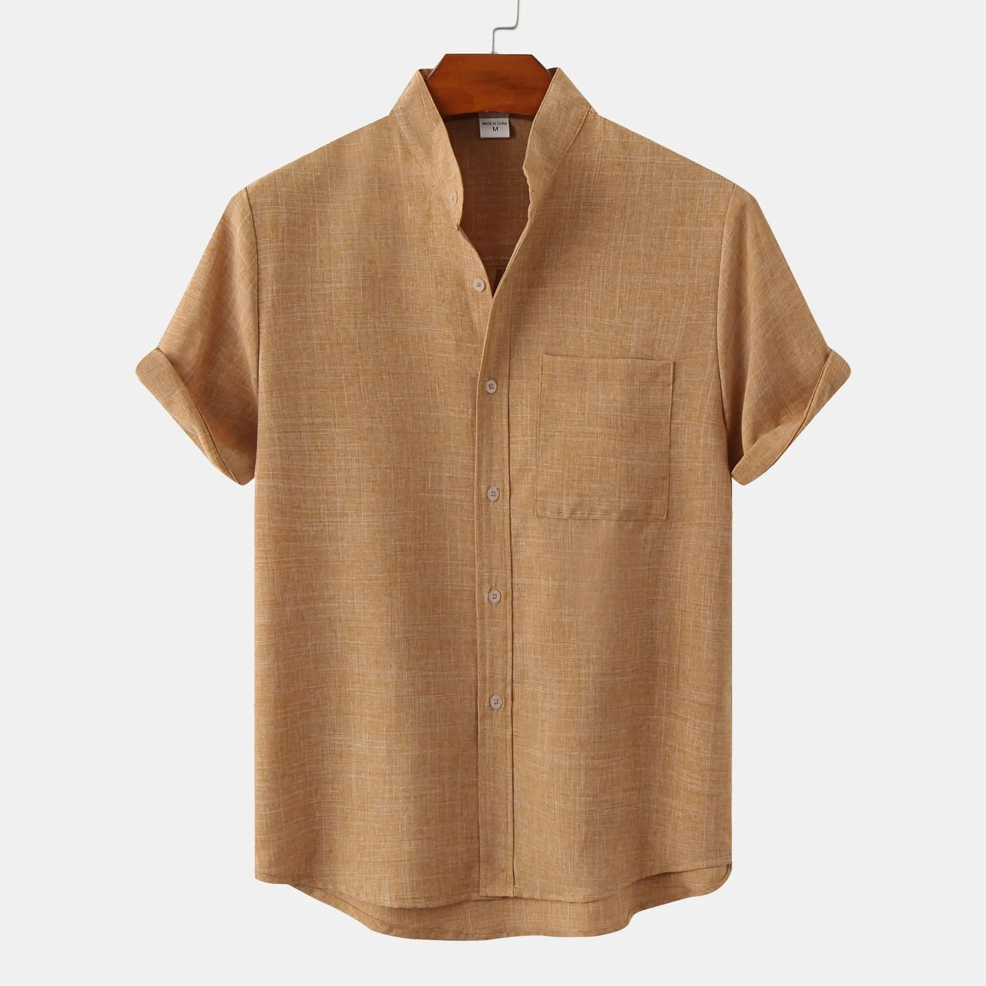 Lightweight Cotton Linen Short Sleeve Shirt Mandarin Collar Brown
