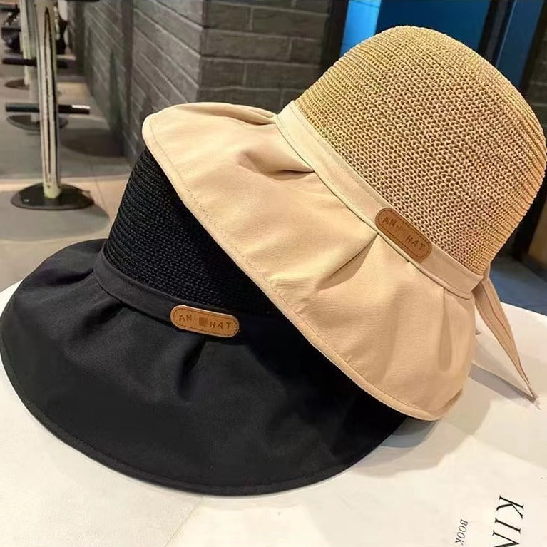 Summer Straw Bow Fisherman Hat with Large Brim for UV Protection