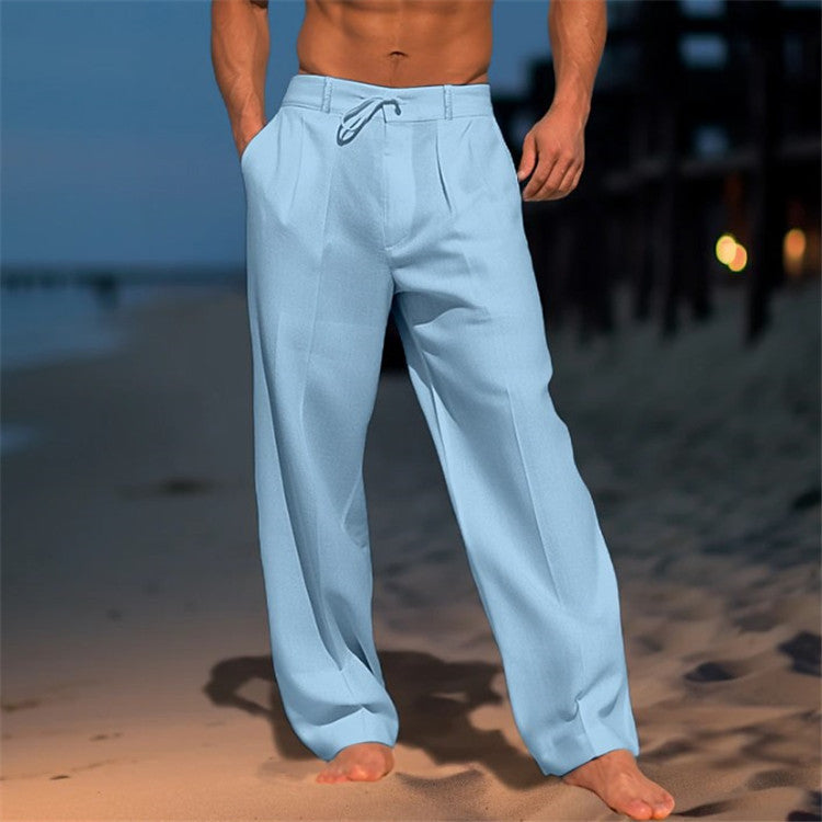 Men's Wide-Leg Casual Drawstring Pants with Pockets Light Blue