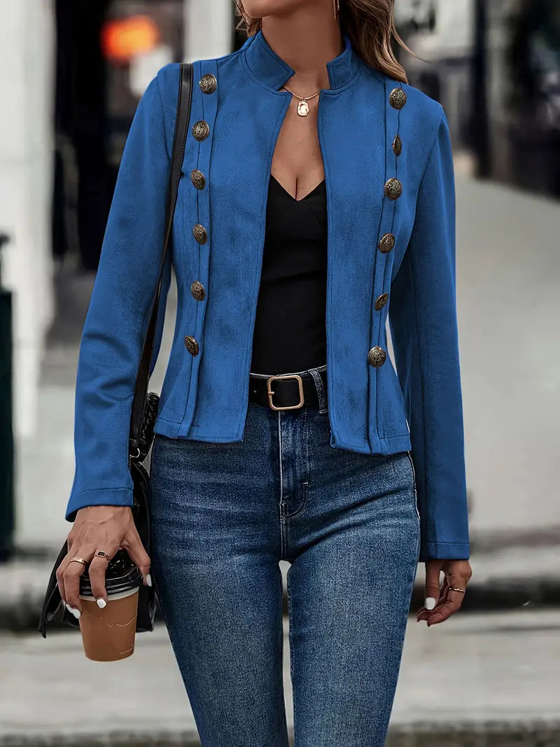 Timeless Buttoned Jacket For Women Elegant Classic Style Blue