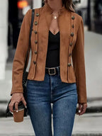 Timeless Buttoned Jacket For Women Elegant Classic Style Dark Brown