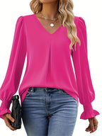 Women's Versatile V-Neck Pleated Top Dark Pink