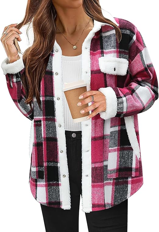 Cozy Plaid Fleece Jacket for Women Rose red