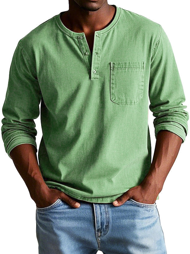 Mens Long Sleeve Henley Shirt Soft Cotton Blend Casual-MODAUTLET