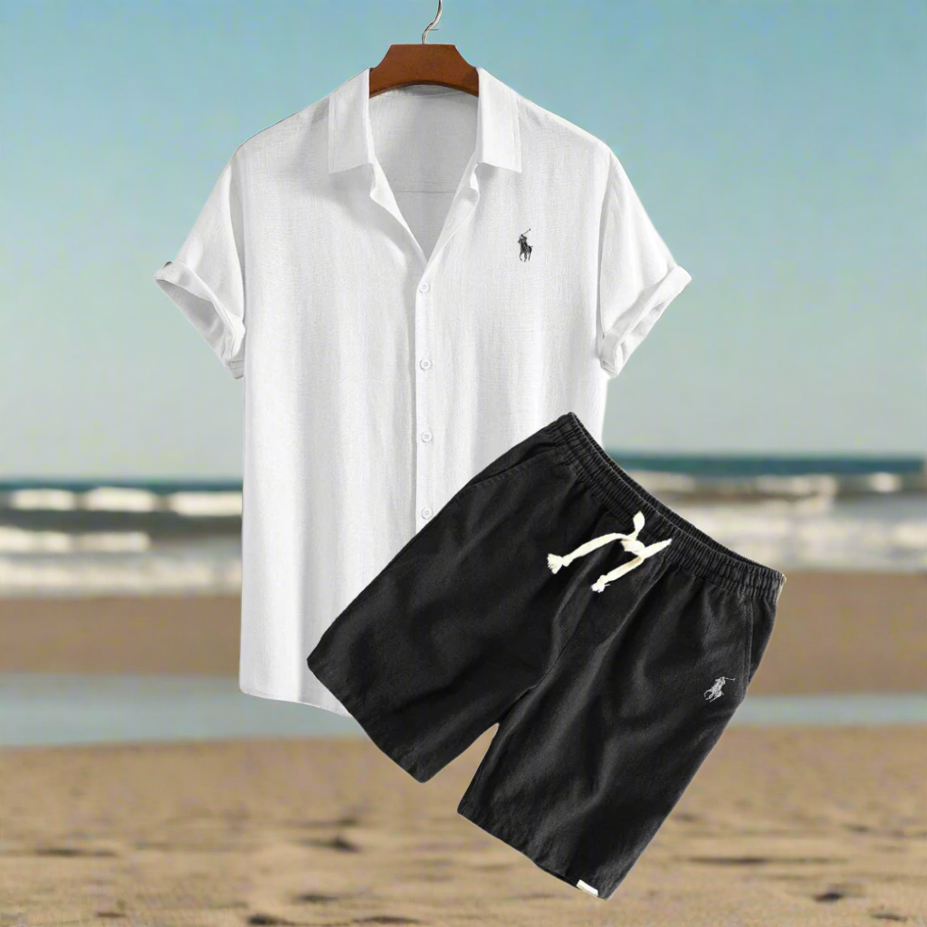 Linen Shirt and Shorts Set for Relaxed Vacation Outfit White and Black
