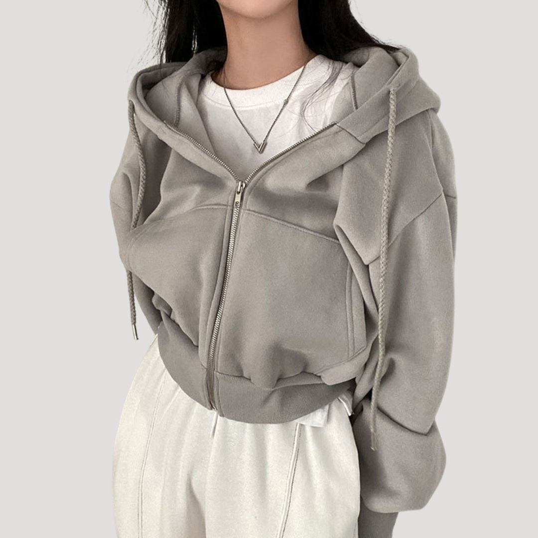 Women's Spring Cropped Zip-Up Hoodie Jacket Grey