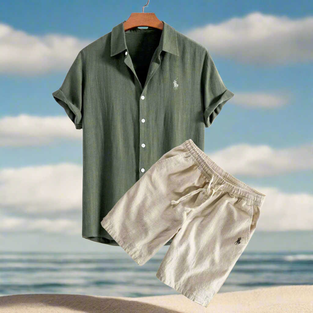 Linen Shirt and Shorts Set for Relaxed Vacation Outfit Dark Green
