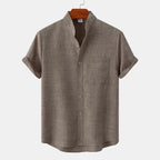 Lightweight Cotton Linen Short Sleeve Shirt Mandarin Collar Grayish Brown