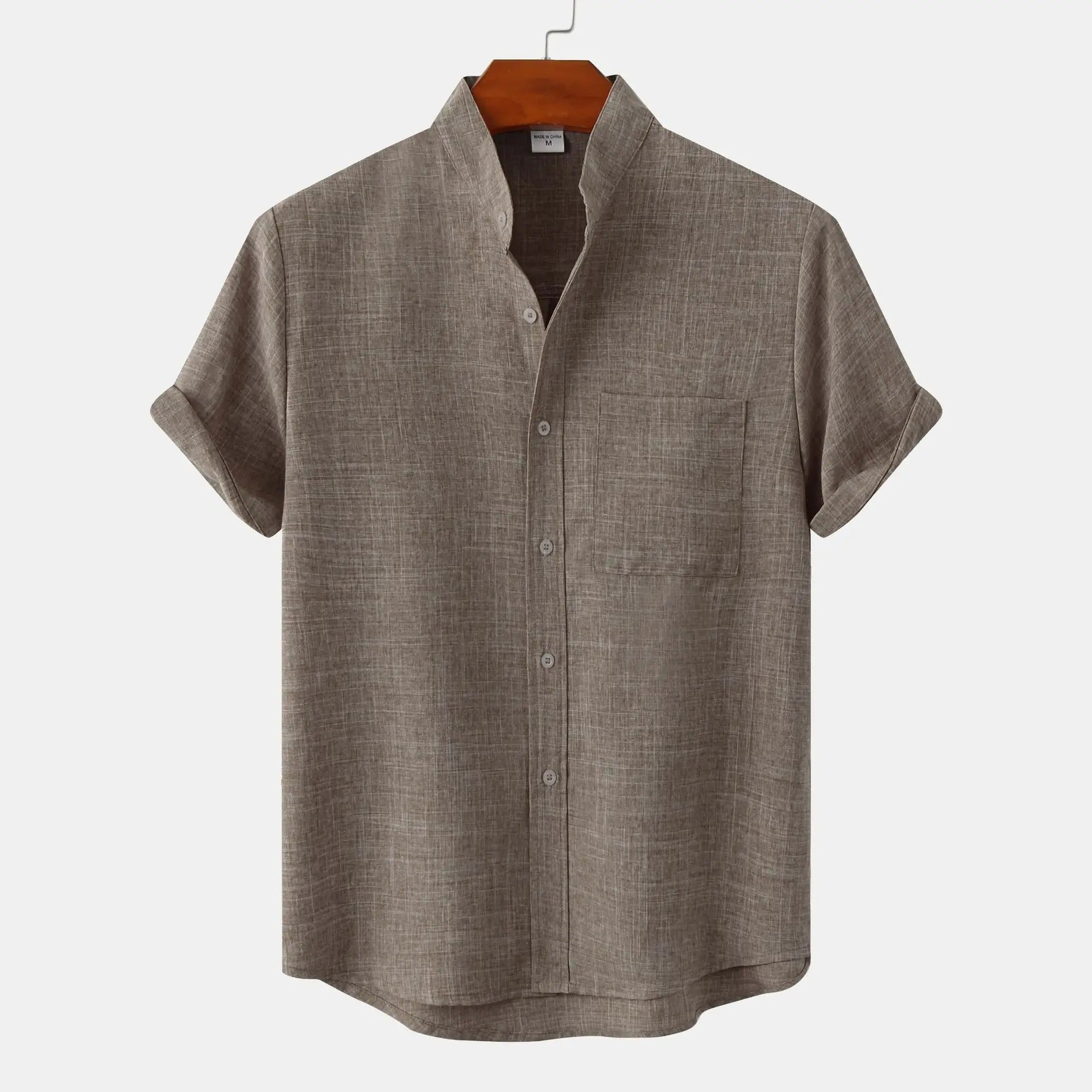 Lightweight Cotton Linen Short Sleeve Shirt Mandarin Collar Grayish Brown