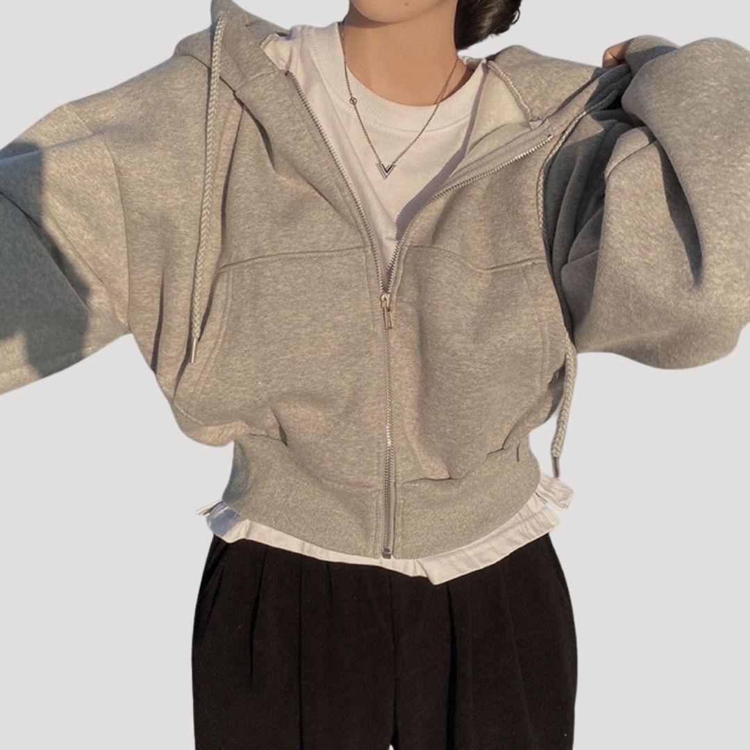 Women's Spring Cropped Zip-Up Hoodie Jacket Light Grey