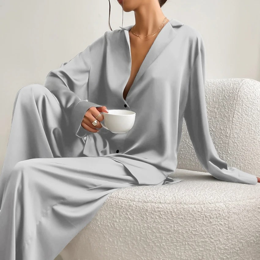 Ultra-Luxe Women’s Silk Wide-Leg Pajama Set-MODAUTLET