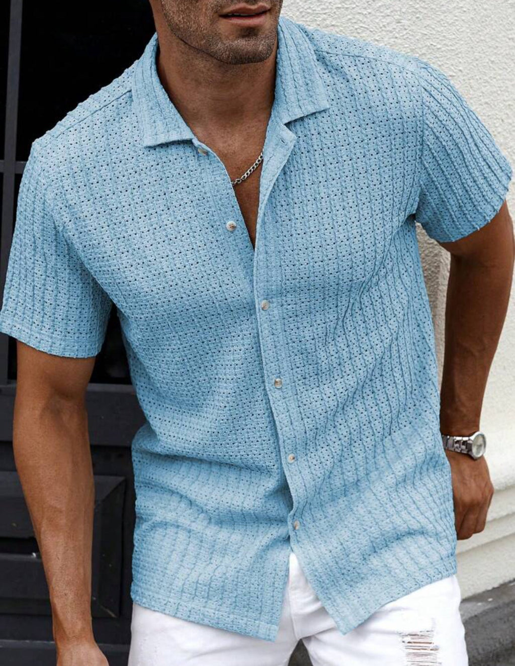 Men's Slim Fit Short Sleeve Casual Shirt For Everyday Wear Light Blue