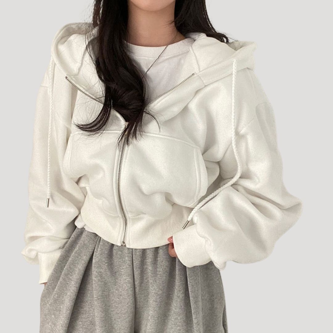 Women's Spring Cropped Zip-Up Hoodie Jacket White
