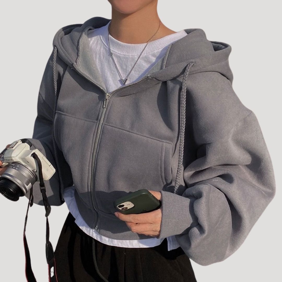 Women's Spring Cropped Zip-Up Hoodie Jacket Dark Grey