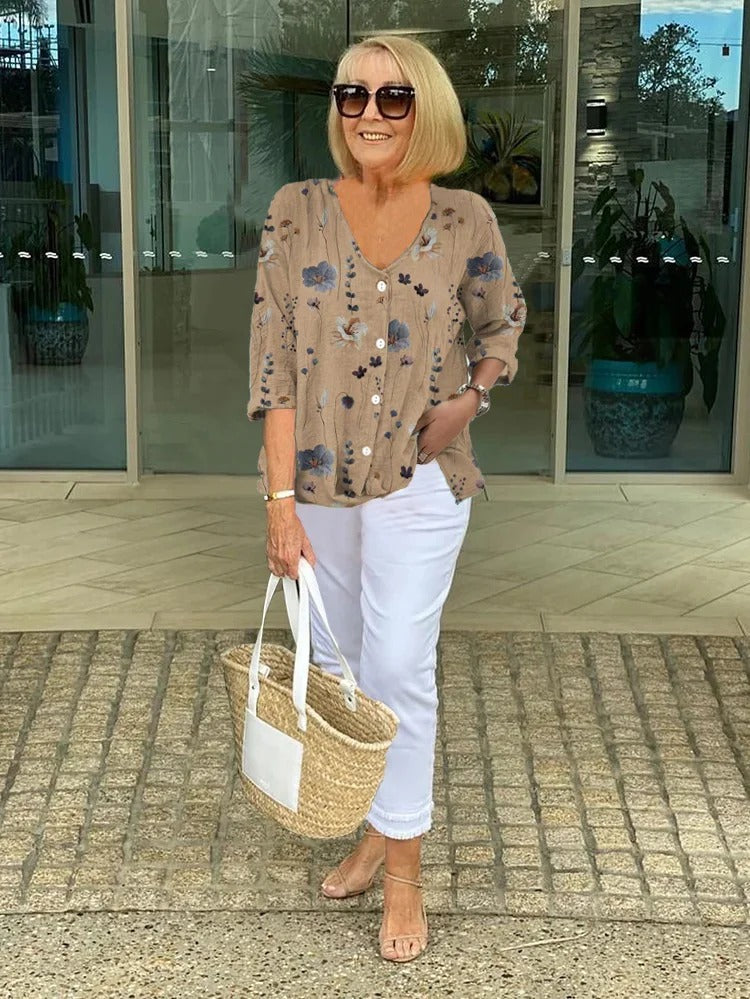 Women's Floral Vintage French Blouse Khaki