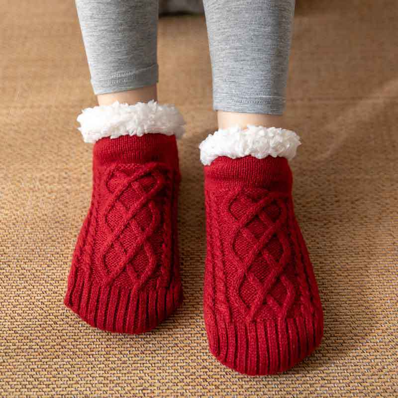 Cozy Non-Slip Plush Knitted Floor Socks for Women - Warm Winter Home Essentials Wine red