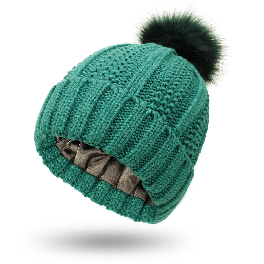 Gorro de punto elegante para mujer con pompón de piel sintética para invierno
