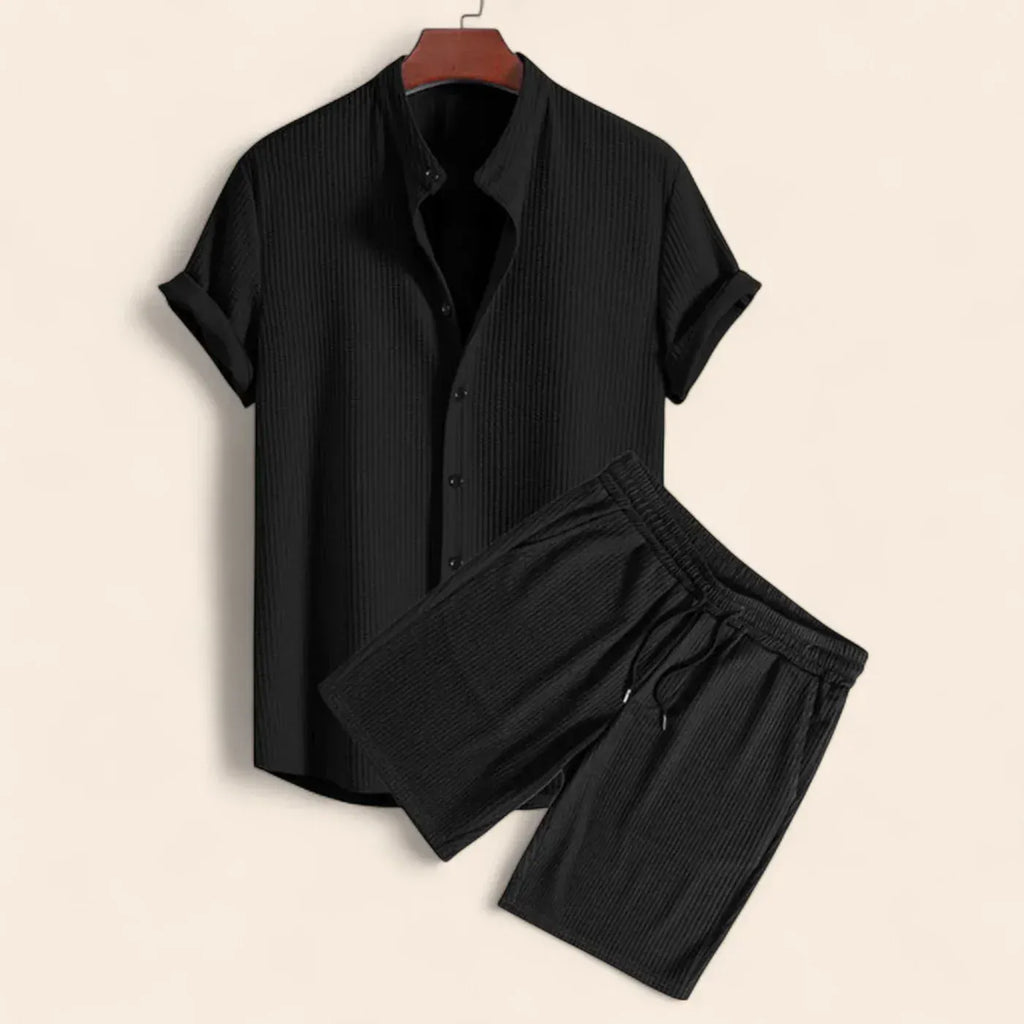 Linen Two Piece Set For Men Relaxed Fit Top And Trousers Black