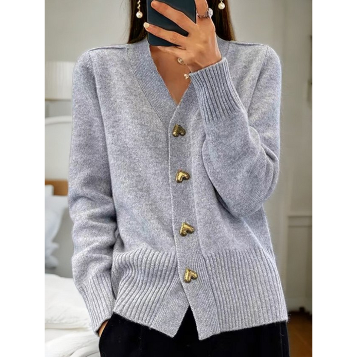 Chic Button-Up Cardigan with Gold Heart Accents-MODAUTLET