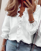 Women's Chic Ruffle-Trim V-Neck Blouse White