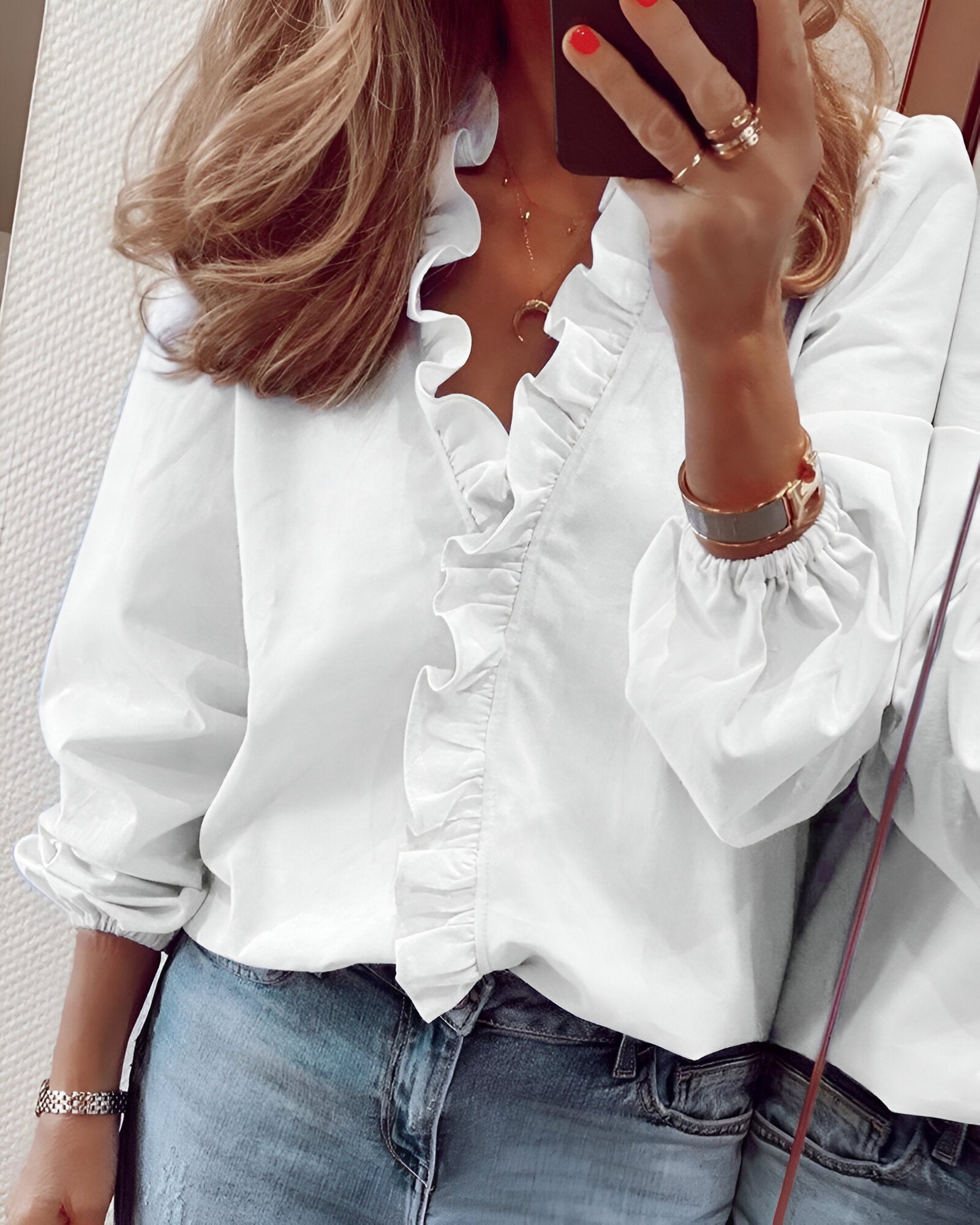 Women's Chic Ruffle-Trim V-Neck Blouse White