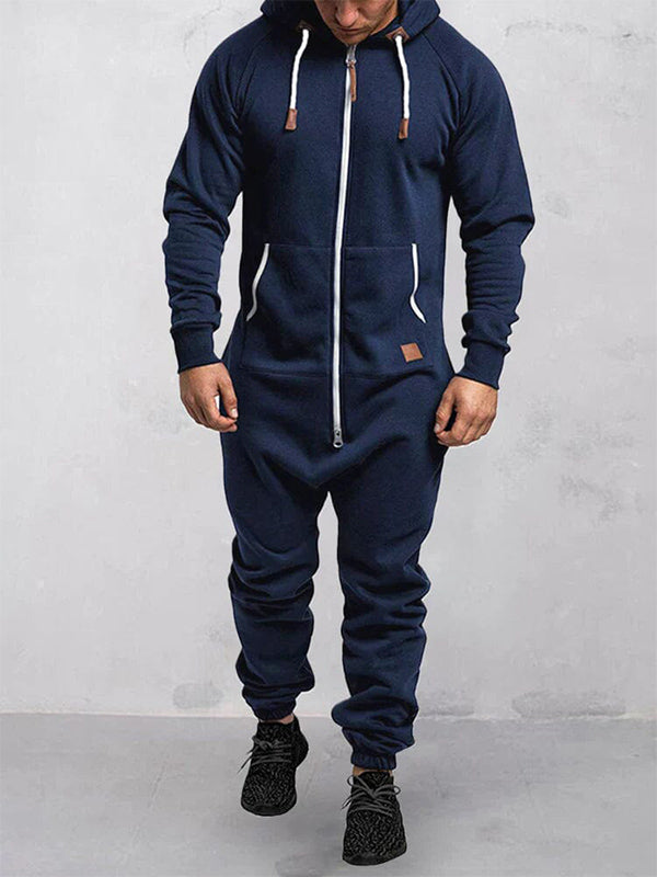 Herren-Jumpsuit aus Fleece mit Kapuze, Reißverschluss und einfarbigem Design