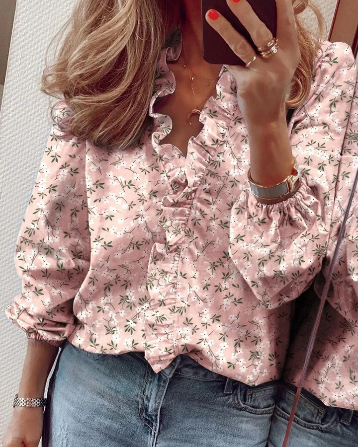 Womens Long Sleeve Ruffled Blouse-MODAUTLET