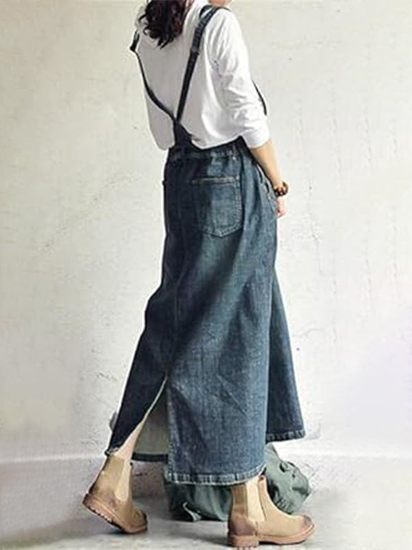 Women's Casual Vintage Back Slit Denim Overall Dress