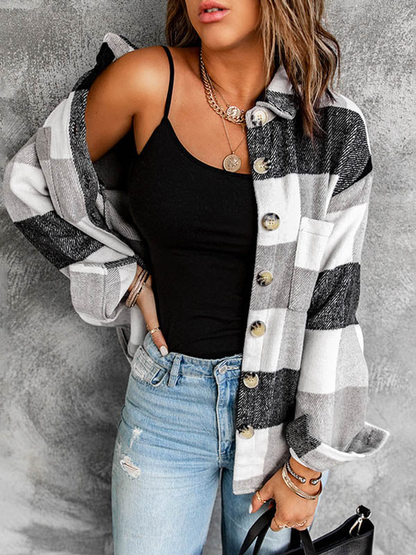 Women's Plaid Buttoned Long Sleeve Shirt Jacket