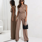 Women's Elegant Smart Casual Set: Relaxed Fit Waist-Length Top & High-Waisted Pleated Palazzo Pants Khaki