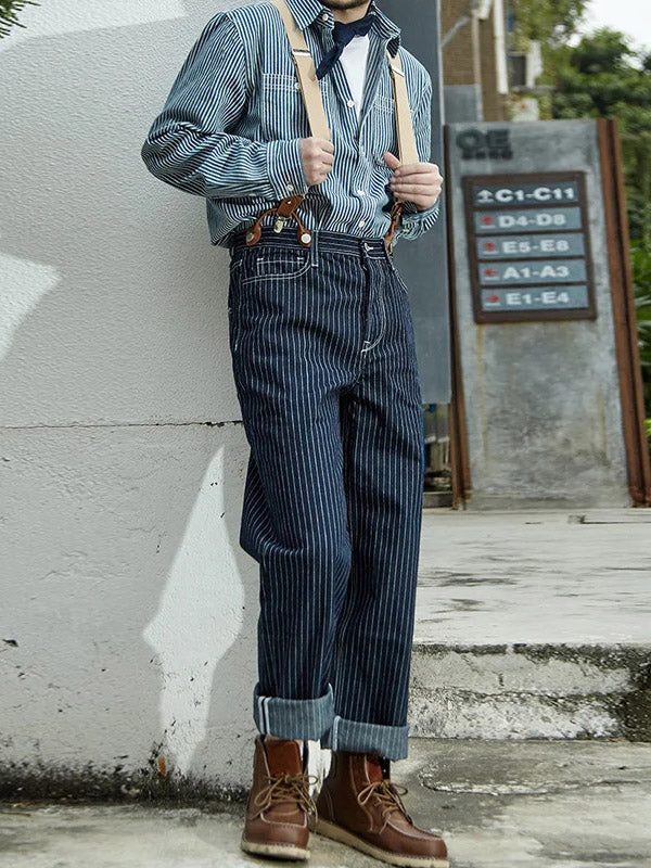Men's Vintage Striped Straight Denim Suspender Overalls