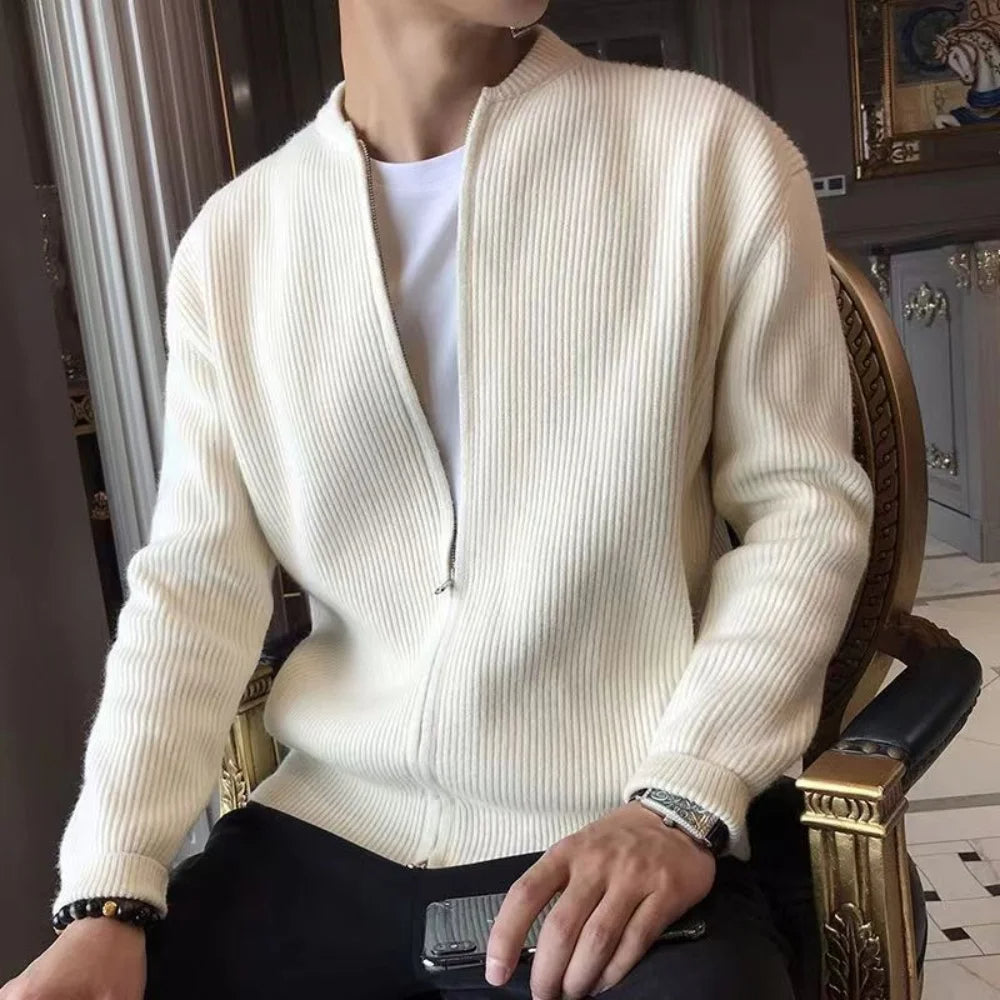 Men's Ribbed Zip-Front Cardigan with Relaxed Fit