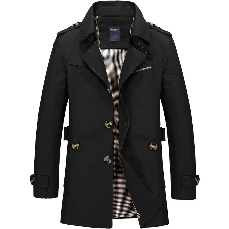 Men's Knee-Length Trench Coat with Belt – Timeless Style & Comfort Black