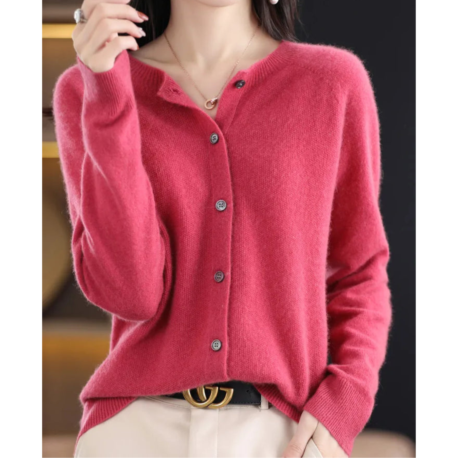 Cozy Cashmere Blend Wool Cardigan for Women Dark pink