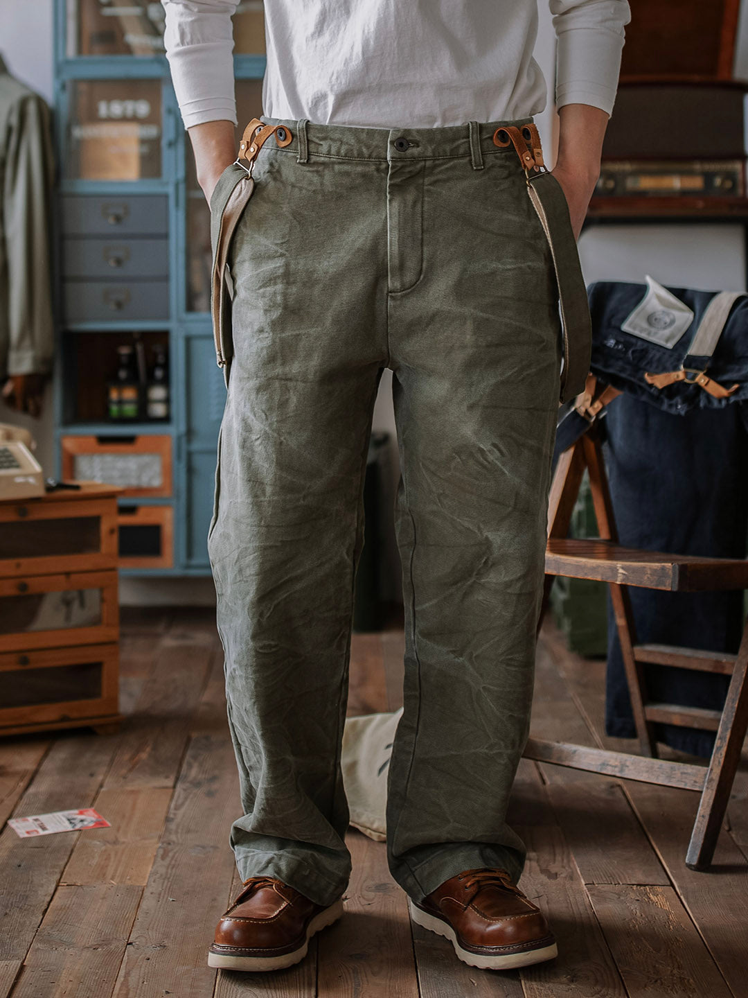 Miesten painavat kangashousut olkaimilla, kestävä 15 oz:n kangas