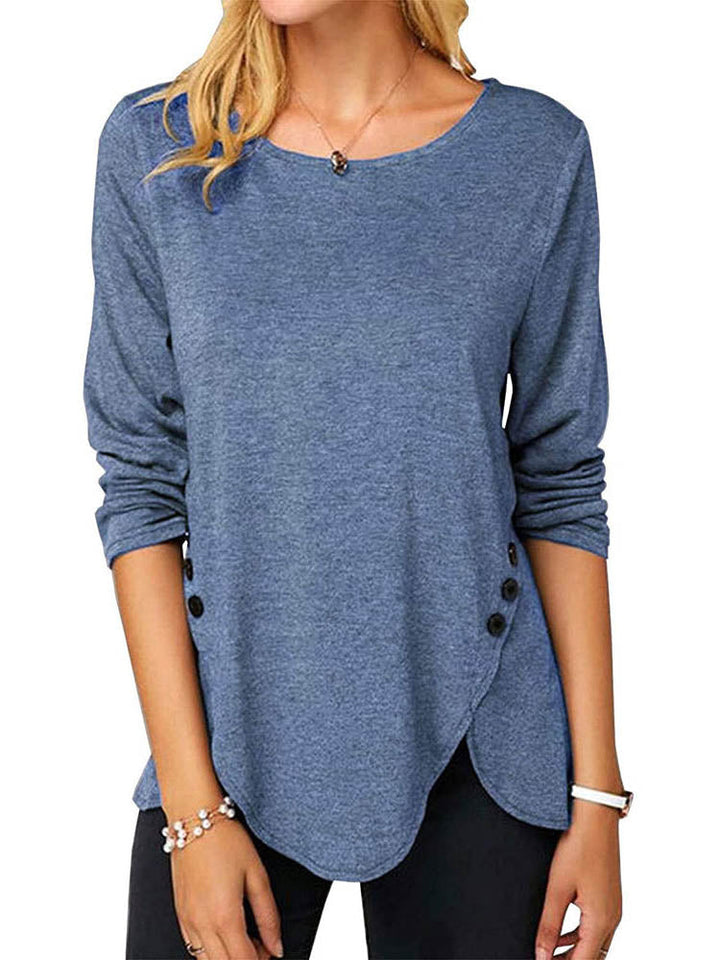 Damen Langarm-Button-Up-T-Shirt mit asymmetrischem Saum