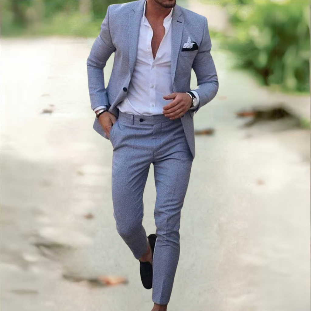 Breathable Linen Suit For Men Summer Two Piece Outfit Gray