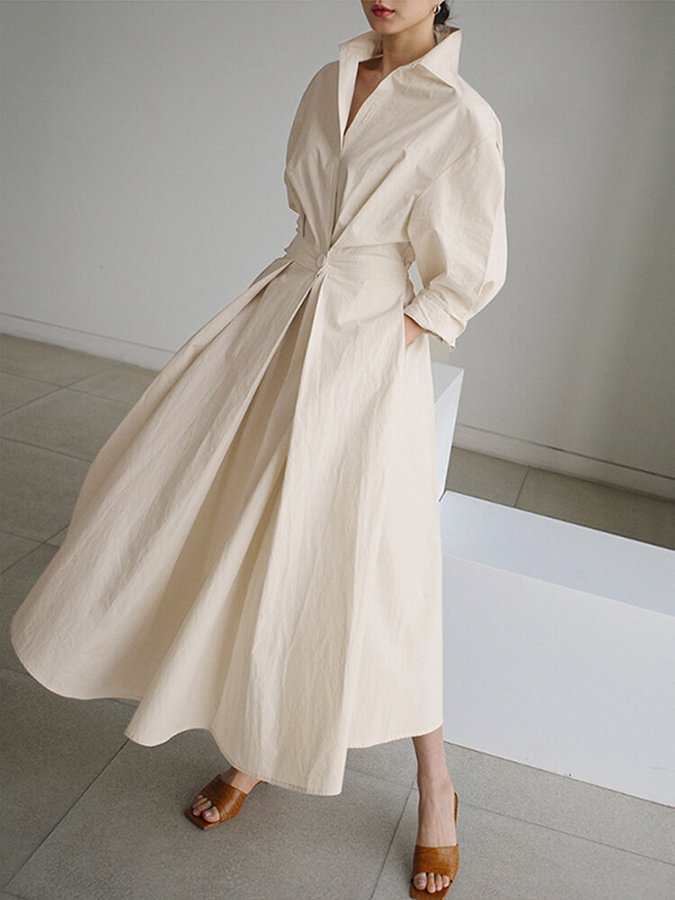 Elegant Women's Belted Shirt Maxi Dress