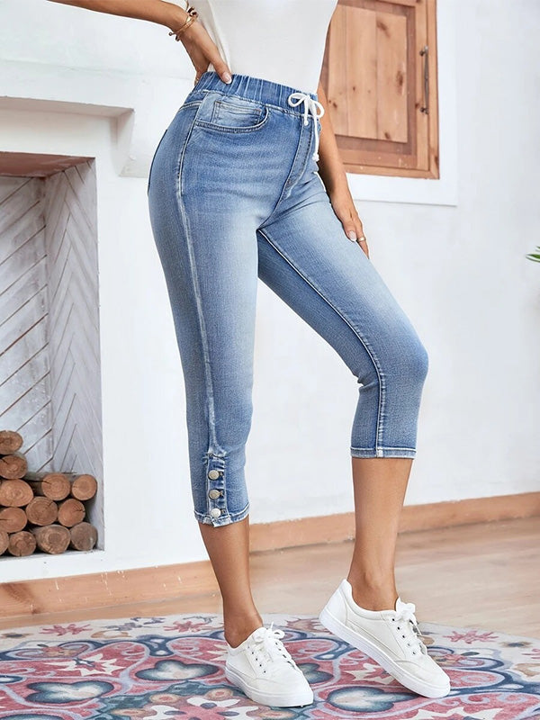 Pantalones Capri de Mezclilla para Mujer con Cintura Elástica y Cordón Ajustable